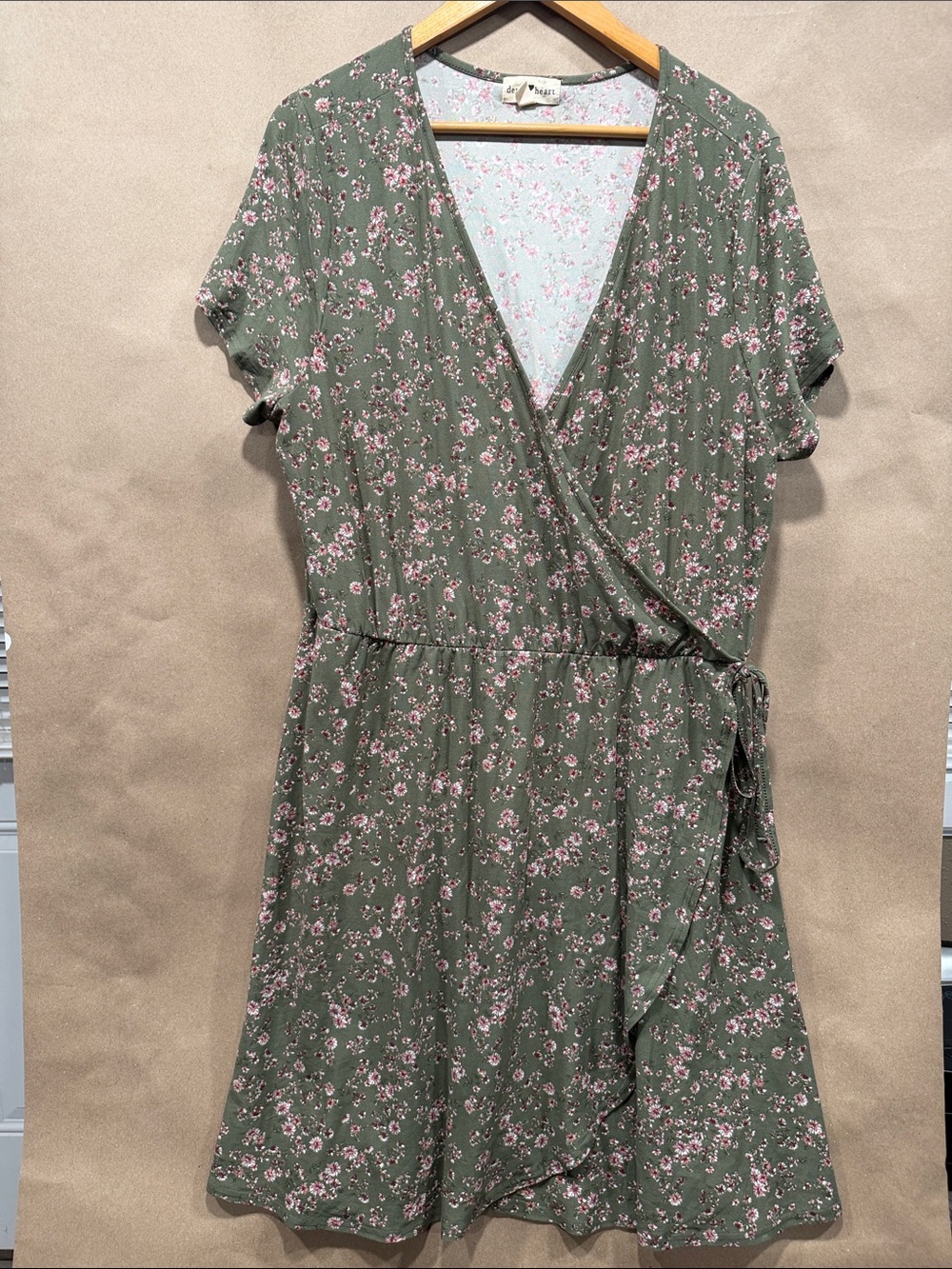 Derek Heart Olive Green Floral Wrap Midi Dress with Pink Blossoms